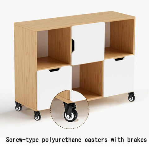 Four Piece Heavy Duty Polyurethane Swivel Casters With Solid Locking Brakes Smooth As Silk Rolling 1.5 Inch Wheels on a wooden storage cart.