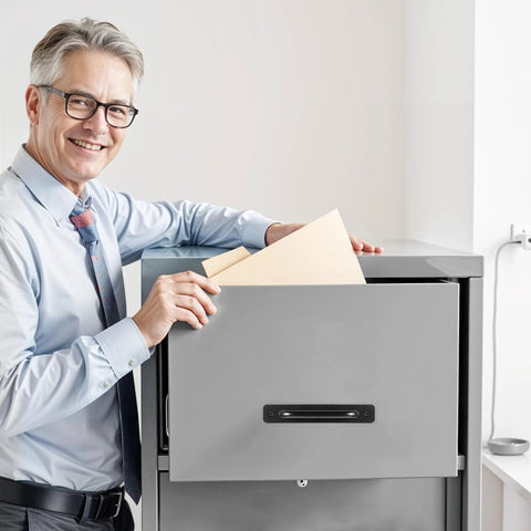 Man using 12 Pack 5.8 Inch Aluminum Alloy Black Cabinet Pull on a grey filing cabinet drawer in office setting.