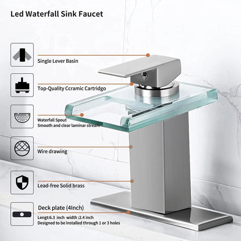 Lit LED Powered Water Glow Bathroom Faucet With Chrome Waterfall Vanity, featuring single-handle design and glass spout.