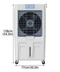 White portable evaporative air cooler, 138cm tall, featuring fan and water tank, ideal for summer cooling and humidifying.