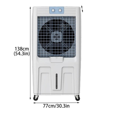 White portable evaporative air cooler, 138cm tall, featuring fan and water tank, ideal for summer cooling and humidifying.