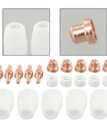 Premium 20-Pack Plasma Cutter Consumables For PT-31 Torch Nozzle Tips Electrodes arranged in rows with various sizes.