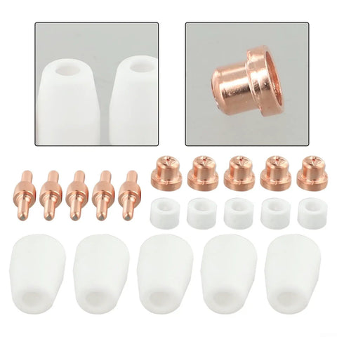 Premium 20-Pack Plasma Cutter Consumables For PT-31 Torch Nozzle Tips Electrodes arranged in rows with various sizes.