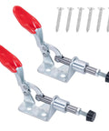 Heavy Duty 2 Pack Toggle Clamps Offering Rock Solid Holdings For Woodworking And Fab Shops Featuring Quick Release Levers and durable red rubber grips.