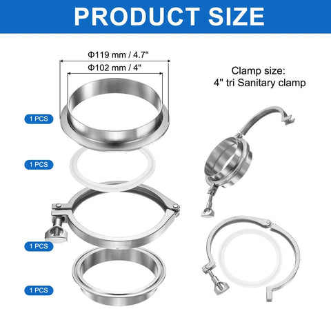 Beefy Four Inch Tri Clamp To 4 Inch Tube Od Weld Ferrule Kit With Durable Silicone Gasket And 304 Stainless Steel Heavy Duty Sanitary Pipe Fitting Gear For Flawless Flow product size diagram showing components and measurements.
