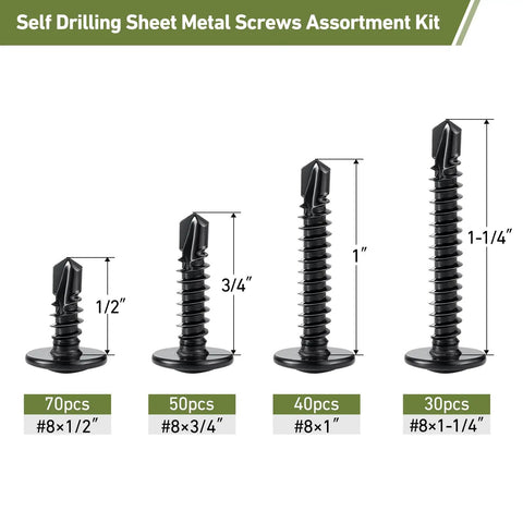 Black Self Tapping Screws Assortment Kit 190 Pieces Stainless Steel 410 Self Drilling Screws for Metal Wood Plastic with Truss Head Eight by One Half Inch Eight by Three Quarters Inch Eight by One Inch displayed with quantity and size dimensions