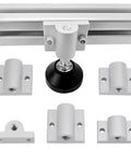 Set Of Four M12 Aluminum Caster Wheel Connectors For 5050 T Slot Extrusion with a black rubber wheel and mounting brackets.