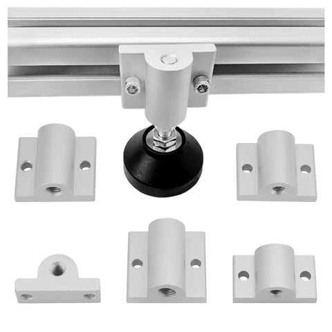 Set Of Four M12 Aluminum Caster Wheel Connectors For 5050 T Slot Extrusion with a black rubber wheel and mounting brackets.