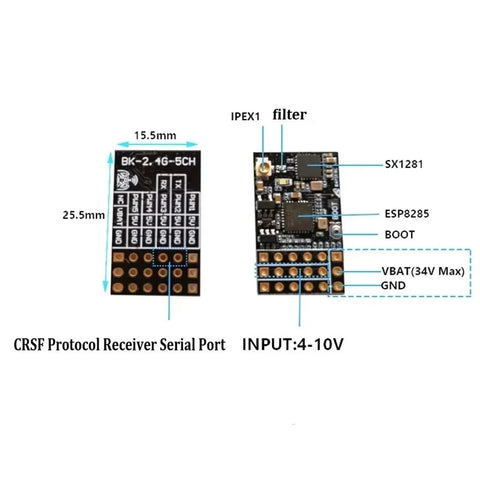 2.4G 5CH PWM ExpressLRS Receiver With 2.0dBi Copper Pipe Antenna diagram showing measurements and components for RC Drones
