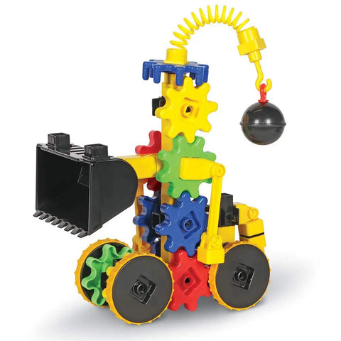 Colorful gear construction with digger and wrecking ball from Gears Wrecker STEM Kit For Kids And Toddlers, 47 Piece Construction And Fine Motor Skills Set For Ages 4 And Up, Hands On Science Toys For Creative Builders, Great Gift For Boys And Girls