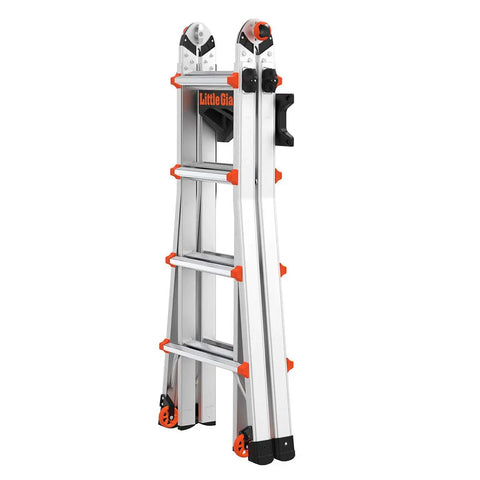 Folded extension ladder in silver with orange accents, standing upright against a white background.