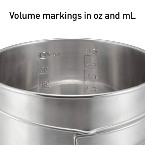 Volume markings inside Two Pot Stainless Steel Camp Stove Set With Three Liter And One And A Half Liter Pots for easy measurement
