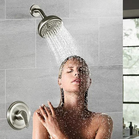 Straight Up Brushed Nickel Shower System With Quick Install In Wall Pressure Balance Valve And Massive Five Inch Five Spray Head Single Handle Bath Trim Kit No Tub Spout Needed