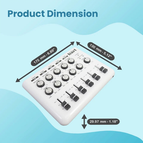 Portable Five-Input Audio Mixer With Three 3.5mm Outputs For Headphones, Speakers, And Rec Out, size dimensions displayed