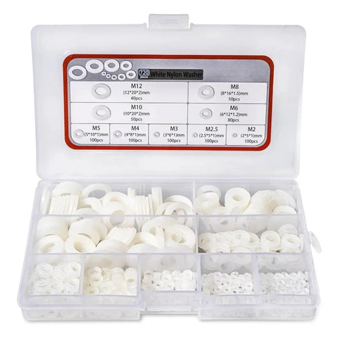 720 Piece Nylon Washer Kit With O Rings Seals Gaskets And Flat Spacers For M2 Through M12 White Plastic Washers organized in case