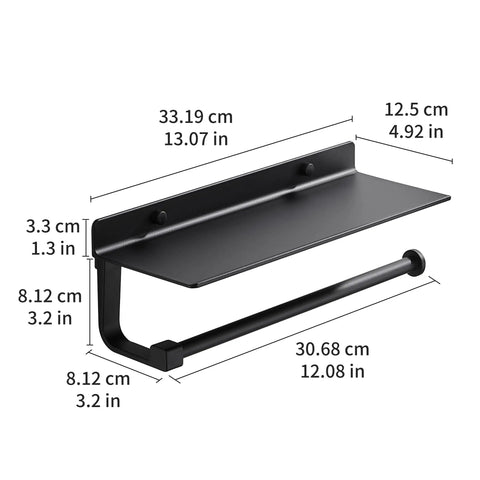 Black Wall Mount Towel Holder With Shelf For Bathroom And Kitchen All In One Do It All Multi Functional Paper Towel Holder, with dimensions.