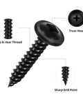 Close-up image of a black truss head screw with deep threads and sharp drill point from 120 Piece Size Eight Phillips Truss Head Black Wood Screw Kit For Wall Plates And Woodworking Self Tapping Fasteners In Half Inch Three Quarter Inch And One Inch With Screwdriver Bit.