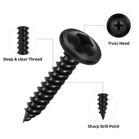 Close-up image of a black truss head screw with deep threads and sharp drill point from 120 Piece Size Eight Phillips Truss Head Black Wood Screw Kit For Wall Plates And Woodworking Self Tapping Fasteners In Half Inch Three Quarter Inch And One Inch With Screwdriver Bit.