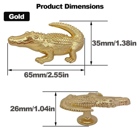 Crocodile Shaped Cabinet Knobs Set Of 4 In Zinc Alloy Decorative Drawer Pulls, gold finish with dimensions labeled, front and side views.