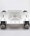 Top view of Moebius 4WD mecanum wheel robot chassis in silver aluminum with four DC motors