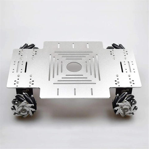 Top view of Moebius 4WD mecanum wheel robot chassis in silver aluminum with four DC motors