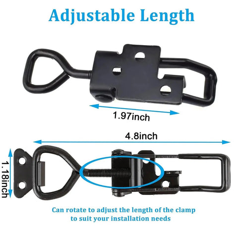 Adjustable toggle latch from Beefy 8 Pack Toggle Latch Catch Kit with dimensions shown for secure hold down.