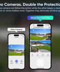 Smartphone displays of the Dual Camera Pan And Tilt Security System For Indoor And Outdoor Use, 2K Ultra Clarity interface.