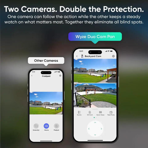 Smartphone displays of the Dual Camera Pan And Tilt Security System For Indoor And Outdoor Use, 2K Ultra Clarity interface.