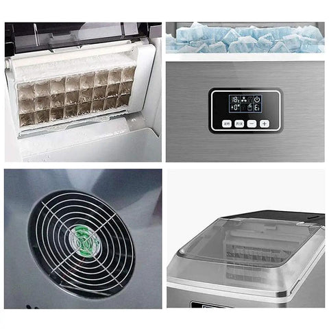 Smooth Operator Home Bar Ice Cube Maker With A Transparent Cover And Brushed Metal Frame, showing ice tray, control panel, and cooling vent.