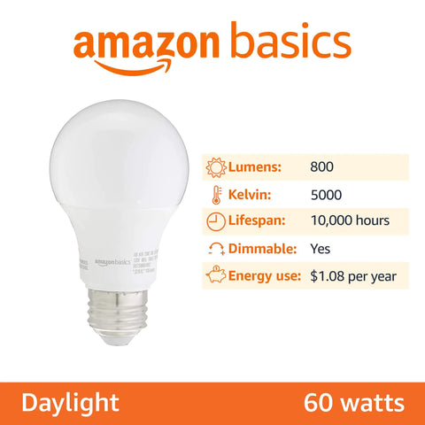 A19 Led Light Bulbs 9W, 60W Equivalent, E26 Base, Daylight White 5000K, Dimmable, Energy Efficient, 10,000 Hour Lifespan, 6 Pack For Home Office Lighting