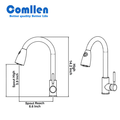 Diagram of Brushed Nickel Kitchen Faucet With Pull Down Sprayer, Stainless Steel Modern High Arc Single Lever, dimensions shown.