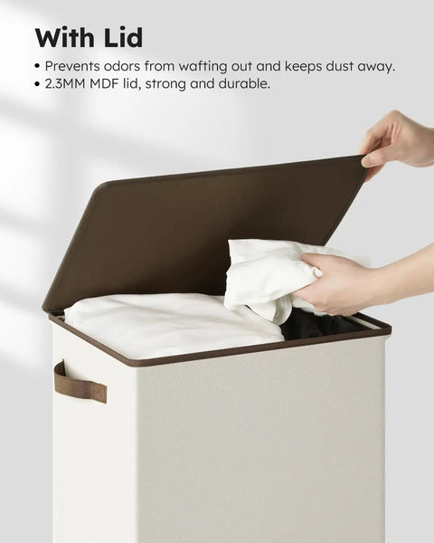 Big Ol 100L Large Laundry Basket With Removable Bag And Lid, hands opening lid to show inner mesh bag, off white color
