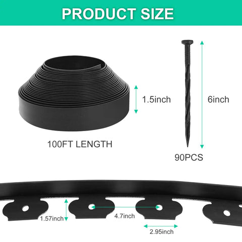 Easy Cut 1.5 Inch By 100 Ft Garden Edging Kit With 90 Spikes Flexible Plastic Lawn Border product size details