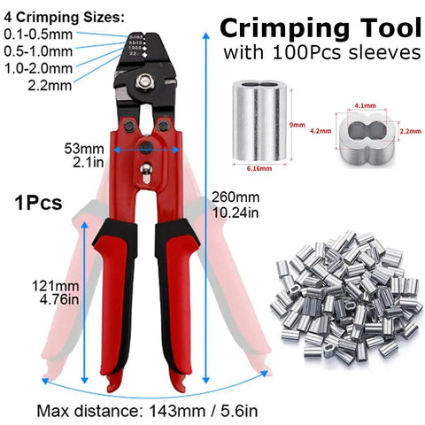 Wire Rope Crimping Tool Up To 2.2mm Swager Crimper with cutting function and 100 pcs aluminum double barrel ferrule sleeves kit