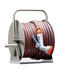 Rock Solid Stainless Steel Hose Reel With Twenty Five Meter Heavy Duty Pvc Tube Wall Mounted Garden Car Wash Storage Rack showing a full reel and spray nozzle.