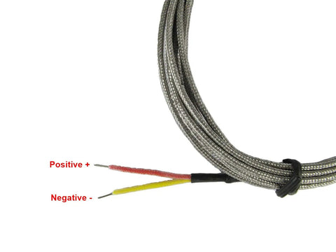Close-up of High Temp Exhaust Gas Temperature K Type Thermocouple Sensor for Cars, showing positive and negative lead wires.