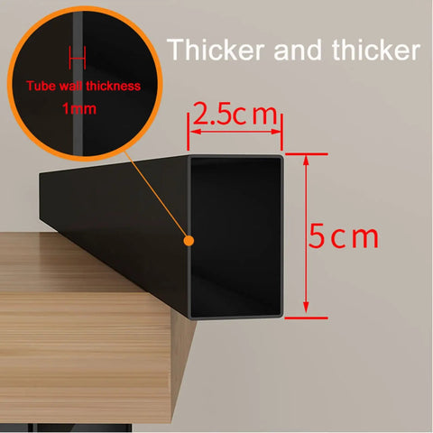 Close-up of Badass 2 Pack Heavy Duty Steel Table Legs Industrial Modern Style showing dimensions and thickness on wood tabletop.