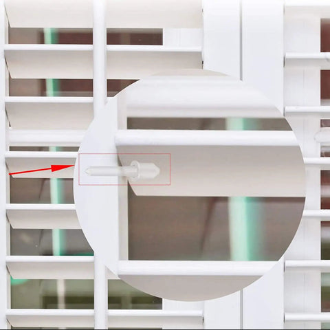 Close-up of Heavy Duty Nylon Shutter Pins 20 Pack Replacement Louver Repair Clips For Window Blinds in a white slat.