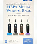 Charcoal-Infused HEPA Media Vacuum Bags box for R10CV, R17, R10P, and R10S models with color-coded vacuums.