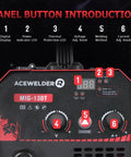 Acewelders Super Cool 130A Gasless Flux Core Mig Welder control panel with digital display and adjustment knobs.