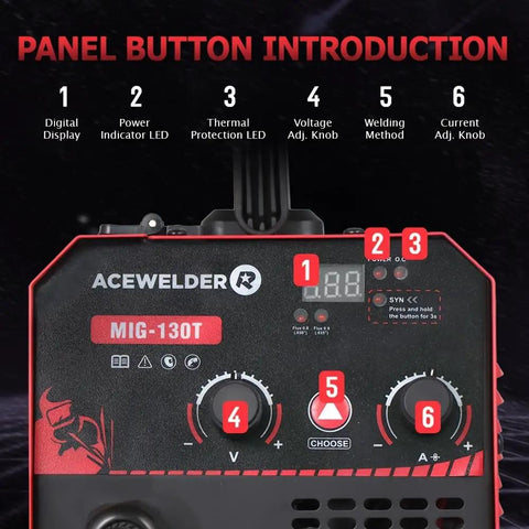 Acewelders Super Cool 130A Gasless Flux Core Mig Welder control panel with digital display and adjustment knobs.