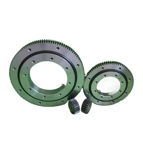 Heavy Duty External Gear Rotary Bearing For Hanging Turntables with large gears and small gears shown in smooth finish.
