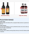 High Efficiency Semi Automatic Round Bottle Labeling Machine With Dual Side Sticker Applicator For Glass And Plastic Bottles showing examples of double and single side labeling.