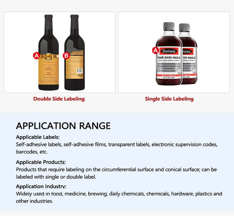 High Efficiency Semi Automatic Round Bottle Labeling Machine With Dual Side Sticker Applicator For Glass And Plastic Bottles showing examples of double and single side labeling.