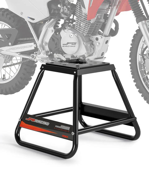 Beefy Universal Dirt Bike Stand, Detachable Powder Coated Anti Slip Steel MX Box For Off Road Maintenance, black, front view.