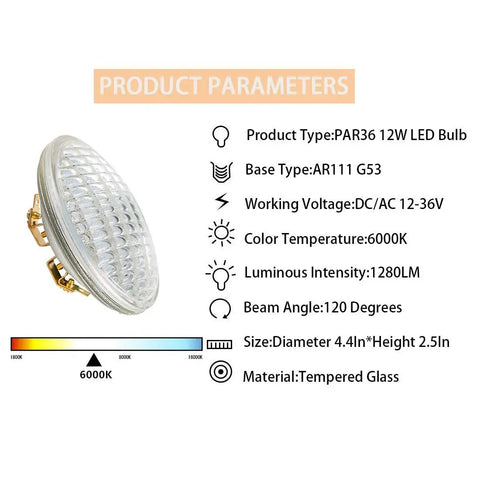 PAR36 LED Landscape Bulb 12V 12W 1280LM 6000K Water Resistant Flood Light specifications with tempered glass