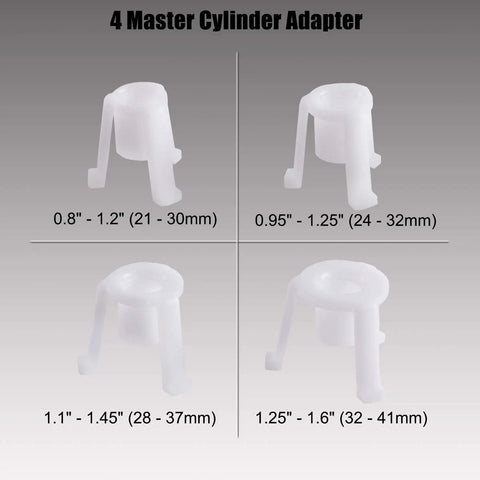 Four master cylinder adapters of varying sizes for Garage Ready Pro Grade Pneumatic Vacuum Bleeder Kit For Brake And Clutch Fluid Change