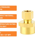 Brass Compression Union Fittings Kit 5 Pack 1/4 Inch Tube OD To 1/2 Inch NPT Female Connectors with pressure, material, and size details