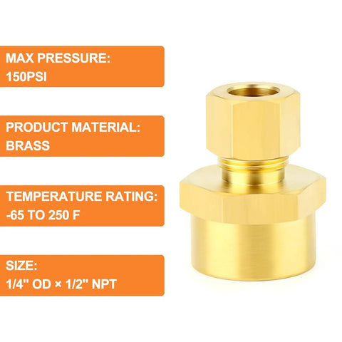 Brass Compression Union Fittings Kit 5 Pack 1/4 Inch Tube OD To 1/2 Inch NPT Female Connectors with pressure, material, and size details