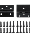 Vintage Black Triple Fold Cabinet Hinges Four Pack Solid Iron Door Hardware Including Mounting Screws, showing two hinges and screws.